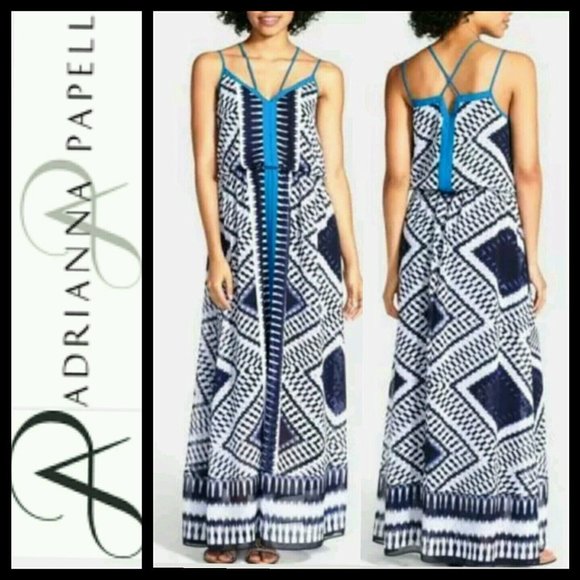 Adrianna Papell Navy Blue Multicolor Crepe Ikat Maxi Dress P6293 - Picture 1 of 11